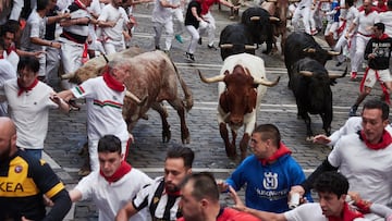 Cientos de personas durante el sexto encierro de las Fiestas de San Fermín 2024, a 12 de julio de 2024, en Pamplona, Navarra (España). El sexto encierro de los Sanfermines de 2024, protagonizado por la ganadería Jandilla, ha dejado tres solicitudes de traslado, una de ellas por herida de asta de toro. Las otras dos solicitudes han sido por una contusión con deformidad en el brazo derecho y otras contusiones, y por una contusión maxilofacial. El herido por asta de toro está estable y ha sido trasladado al Hospital Universitario de Navarra.
12 JULIO 2024;ENCIERRO;TORO;HERIDOS;SAN FERMÍN;SANFERMINES
Eduardo Sanz / Europa Press
12/07/2024