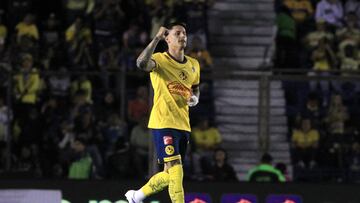 America's Uruguayan midfielder #07 Brian Rodriguez celebrates after scoring a goal during the Liga MX Clausura football match between America and Tigres at the Sports City Stadium in Mexico City on March 29, 2025. (Photo by Victor Cruz / AFP)