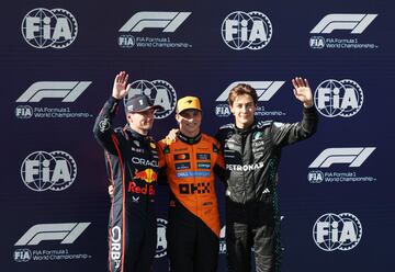 Los tres más rápidos el sábado en Ímola. Oscar Piastri hizo el mejor tiempo, junto a él, Max Verstappen, que fue segundo, y George Russell que marcó el tercer mejor registro.