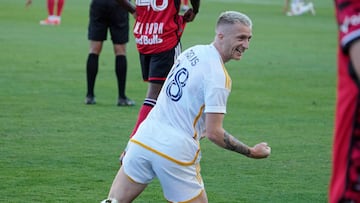 Dec 7, 2024; Carson, California, USA; LA Galaxy midfielder Marco Reus (18) reacts after a play against the New York Red Bulls during the second half in the 2024 MLS Cup at Dignity Health Sports Park. Mandatory Credit: Kirby Lee-Imagn Images