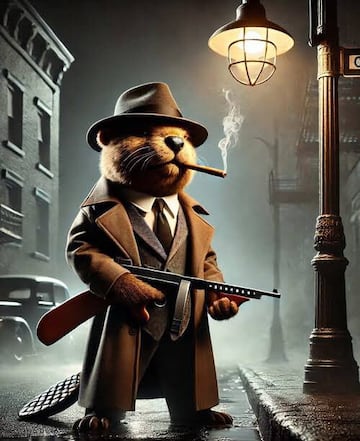 Un mafioso castor con sombrero y metralleta.