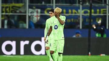 Barcelona's Spanish forward #19 Lamine Yamal reacts after Inter Milan's Italian midfielder #16 Davide Frattesi scored his team fourth goal during the UEFA Champions League semi-final second leg football match between Inter Milan and FC Barcelona at the San Siro stadium in Milan on May 6, 2025. (Photo by PIERO CRUCIATTI / AFP)