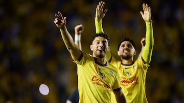 Sebastian Caceres and Diego Valdes of America during the Semi-Final second leg match between America and Cruz Azul as part of the Liga BBVA MX, Torneo Clausura 2025 at Ciudad de los Deportes Stadium on May 18, 2025 in Mexico City, Mexico.