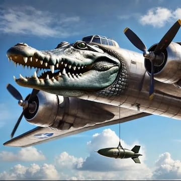 Un cocodrilo con cuerpo de avión de guerra.